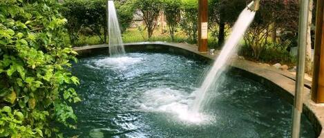 A hot spring with two waterfalls, surrounded by lush greenery.