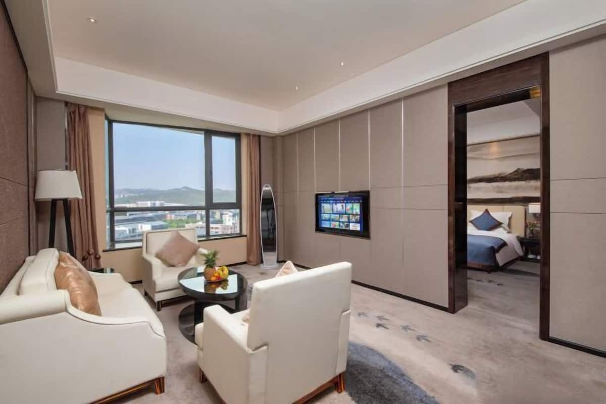 Une chambre d’hôtel moderne dotée d’une grande fenêtre, d’un téléviseur à écran plat, d’un canapé, d’une table basse et d’un lit.