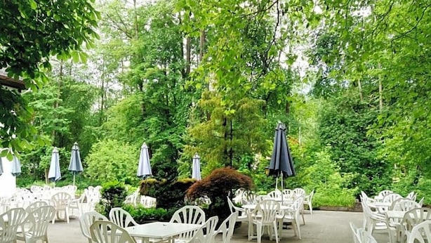 An outdoor patio area with white plastic chairs and tables, surrounded by lush greenery and trees.