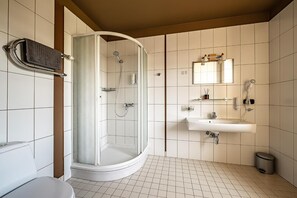 Un baño moderno con ducha envuelta en vidrio, un lavamanos blanco y un espejo sobre él.
