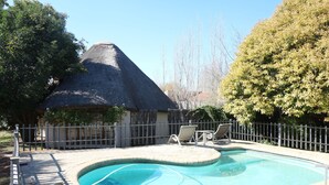 A swimming pool with a thatched-roof structure and a fenced area with lounge chairs.