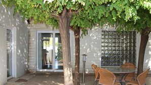 A patio area with a dining table and chairs, a tree, and a door labeled "Dining Room."