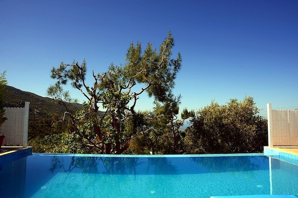 Outdoor pool, pool umbrellas, pool loungers