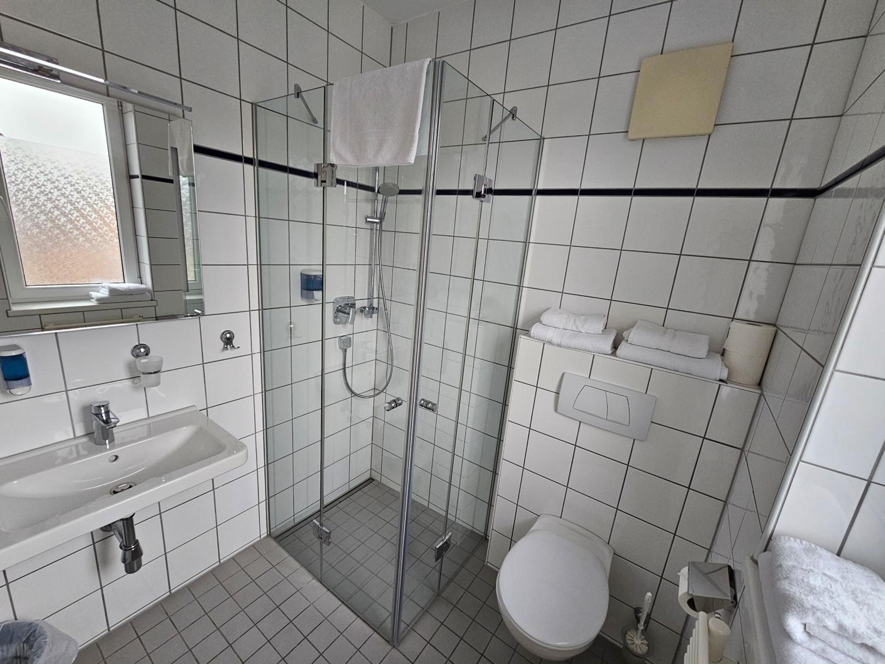 A bathroom with a glass-enclosed shower, a toilet, and a sink.