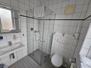 A bathroom with a glass-enclosed shower, a toilet, and a sink.