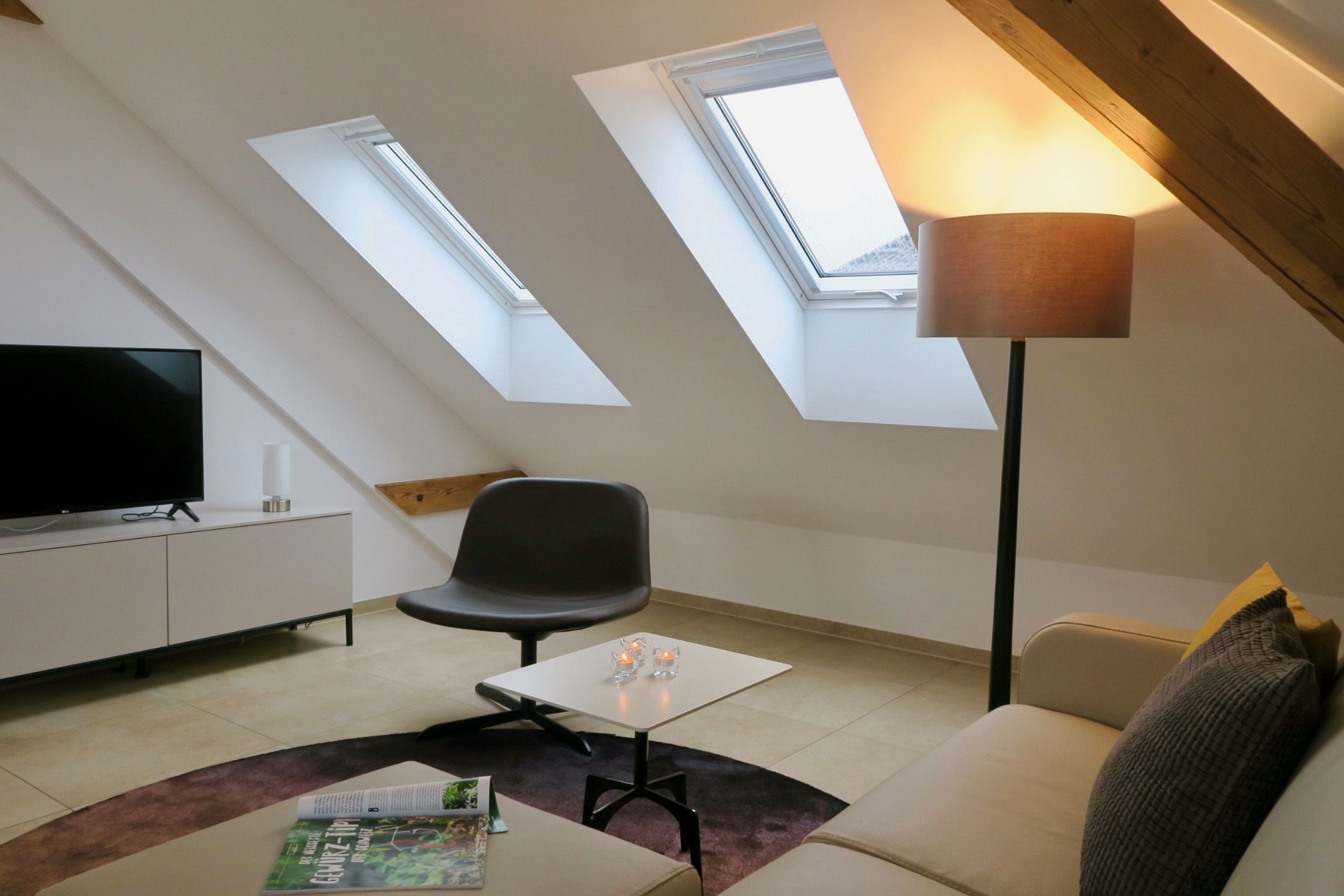 Ein modernes Schlafzimmer im Loft-Stil mit Dachfenstern, einem Flachbildfernseher, einer Couch, einem Couchtisch und einer Lampe.