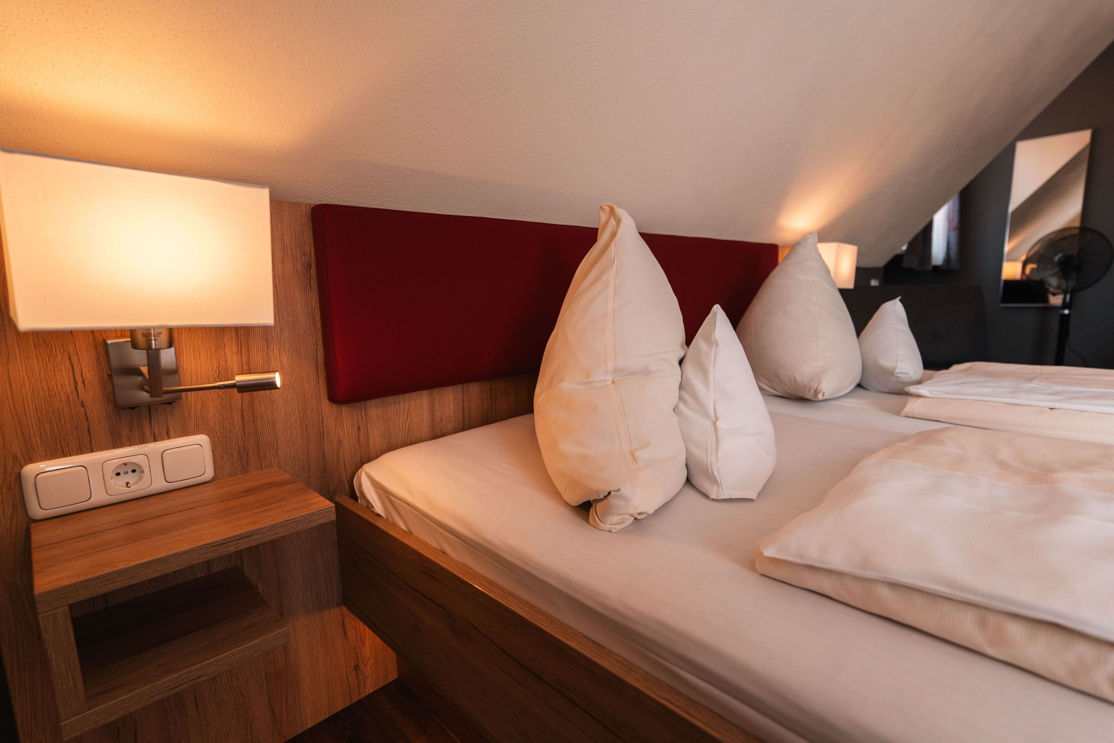 hypo-allergenic bedding, desk, blackout curtains, soundproofing