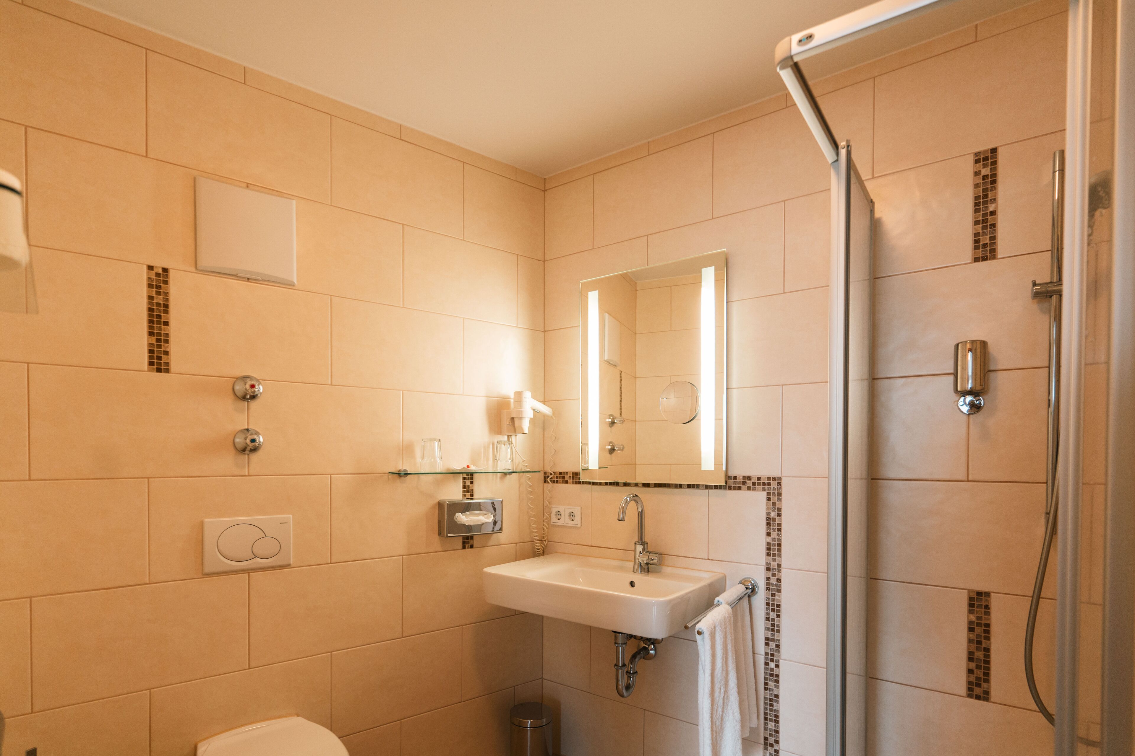 shower, free toiletries, hair dryer, towels