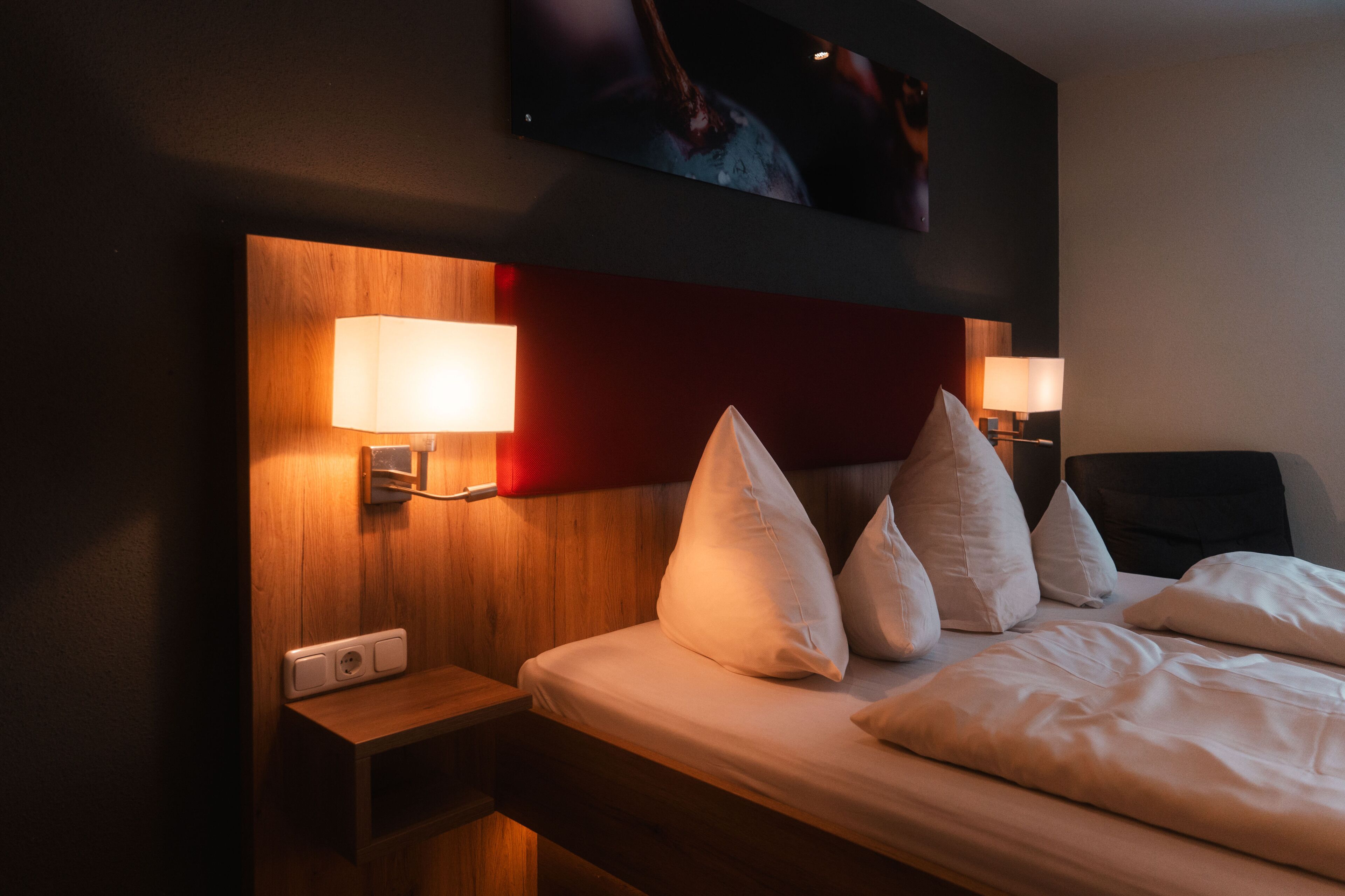 hypo-allergenic bedding, desk, blackout curtains, soundproofing