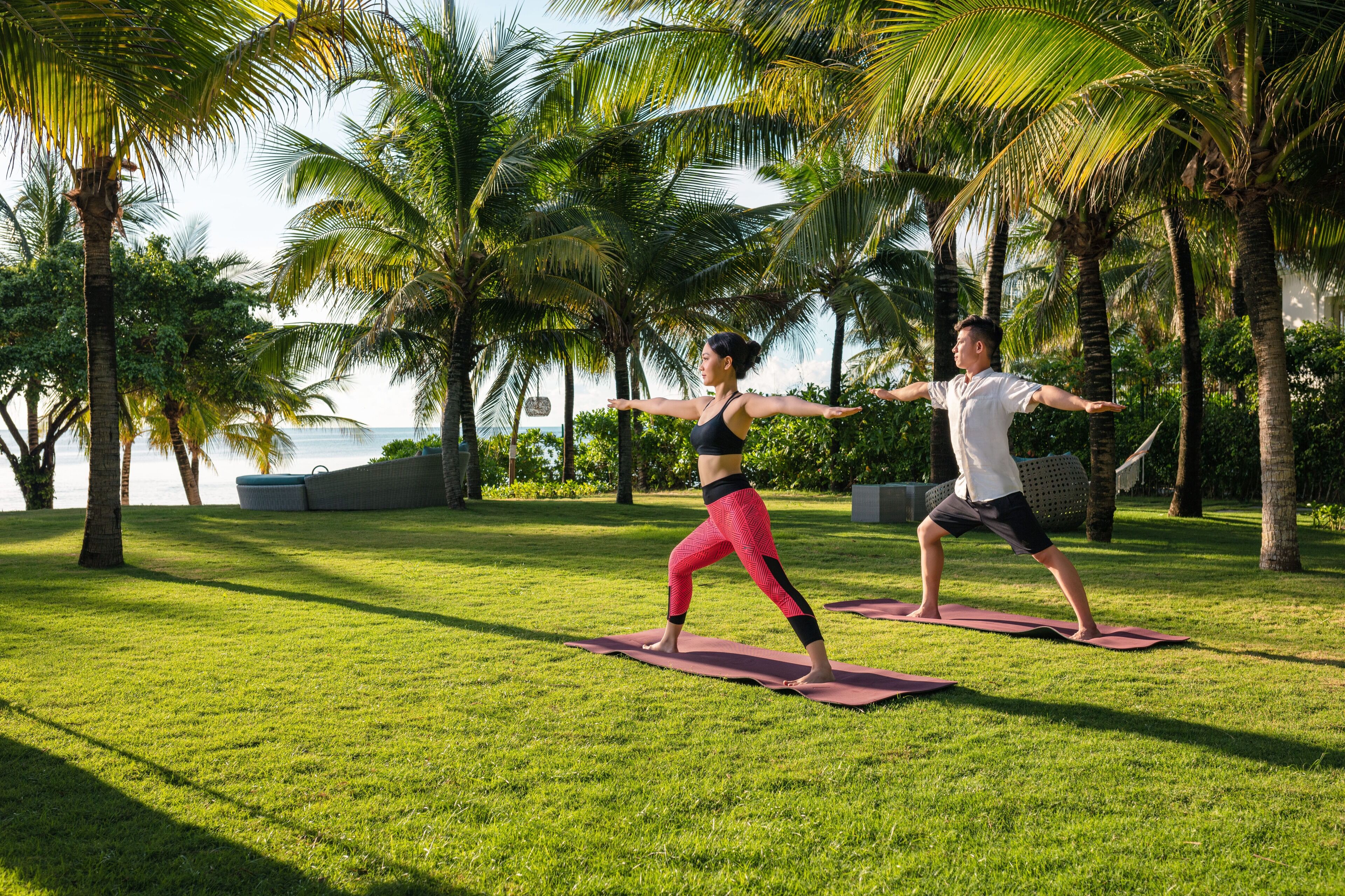 Two people doing yoga on mats in a grassy area with palm trees and a view of the sea.