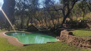 Une piscine entourée d’un mur de pierre et d’arbres.