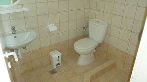 Une salle de bain équipée d’un lavabo, de toilettes et d’une poubelle.