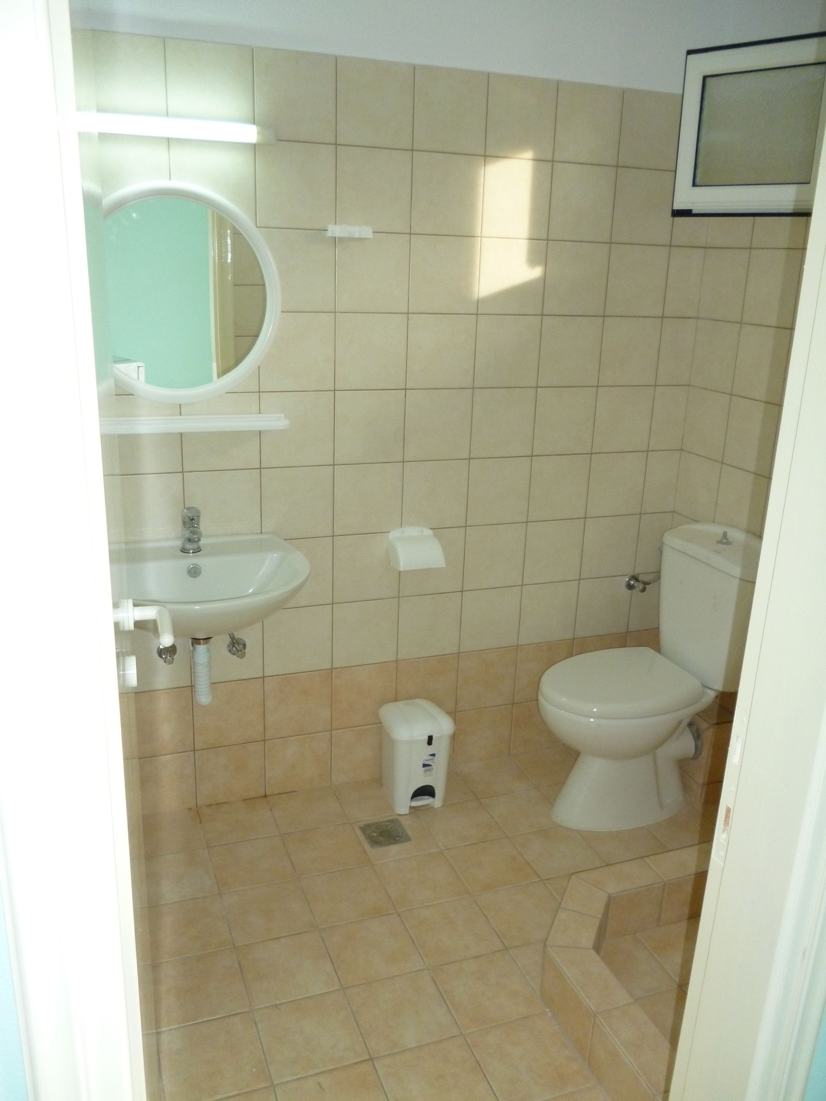 A bathroom with a sink, mirror, toilet, and a trash bin.