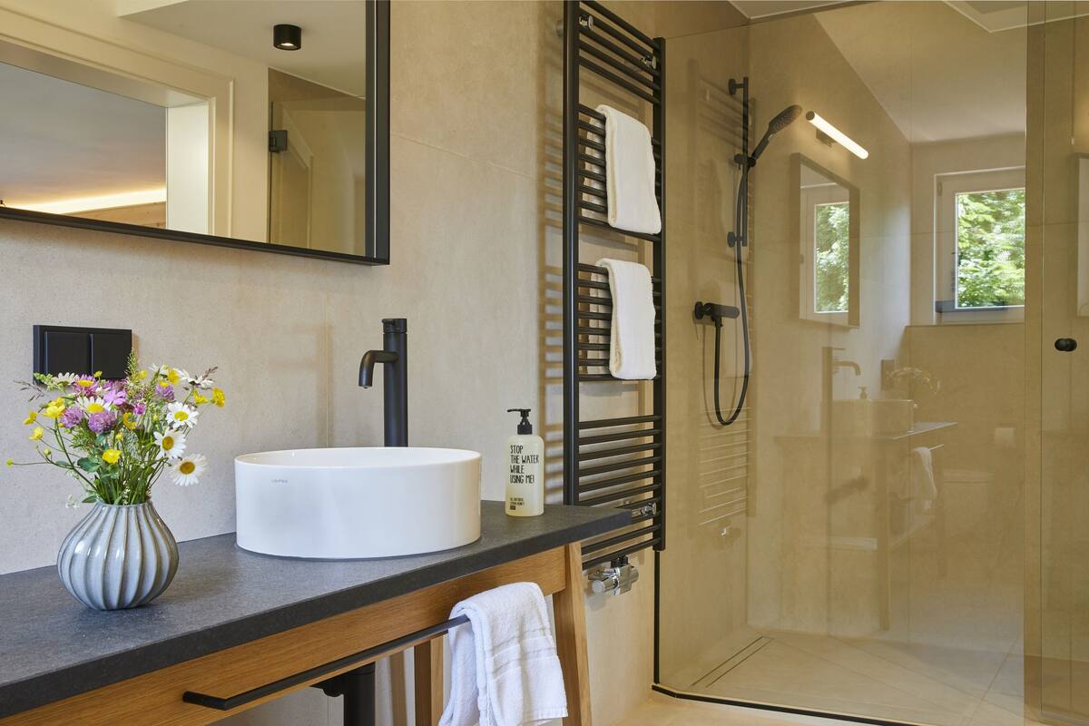 deep-soaking bathtub, free toiletries, hair dryer, towels