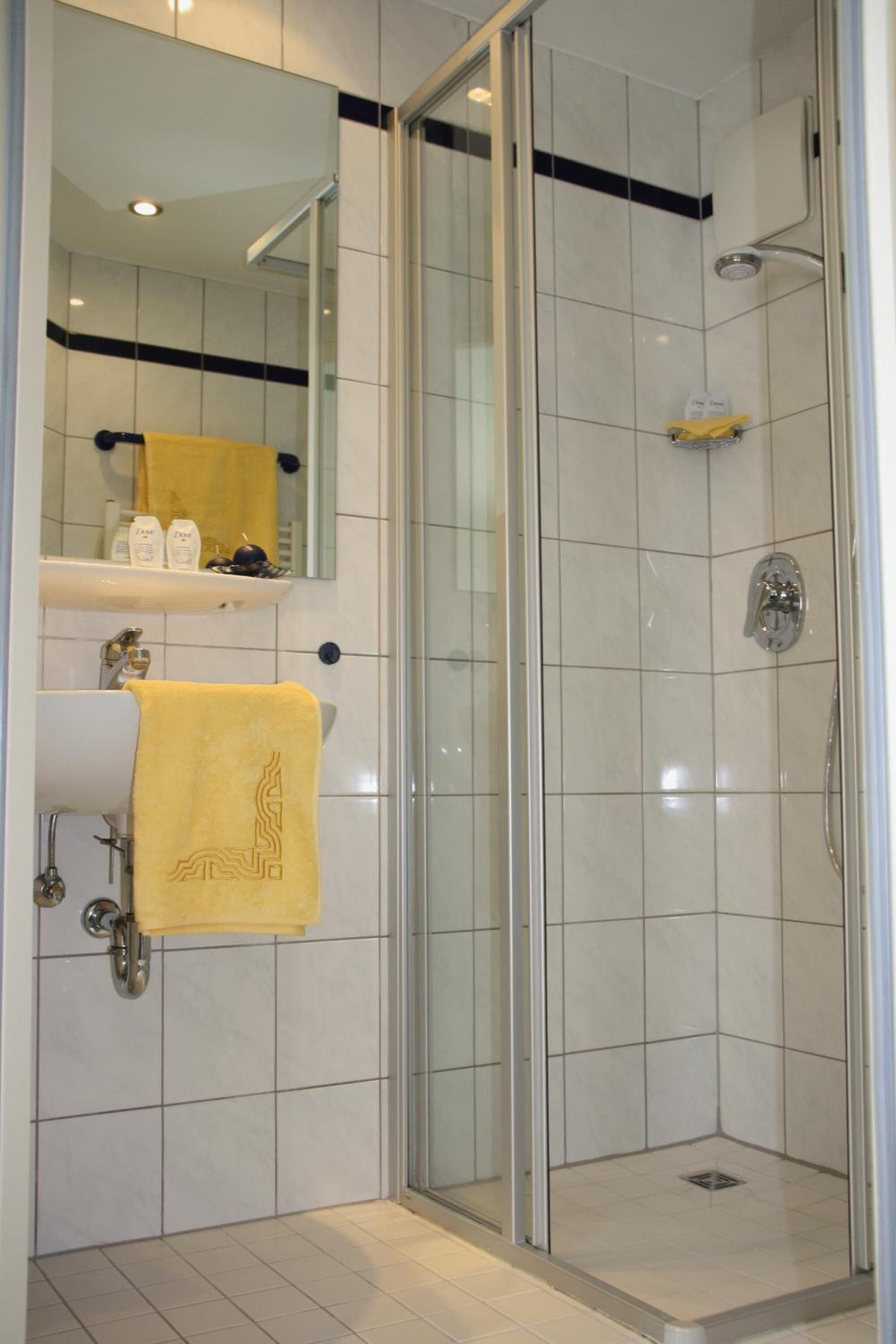 shower, free toiletries, hair dryer, towels