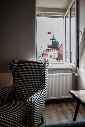 A checkered armchair by a window with a view of a building with a dome and a red bird. - Starnberger SEE (Starnberg)