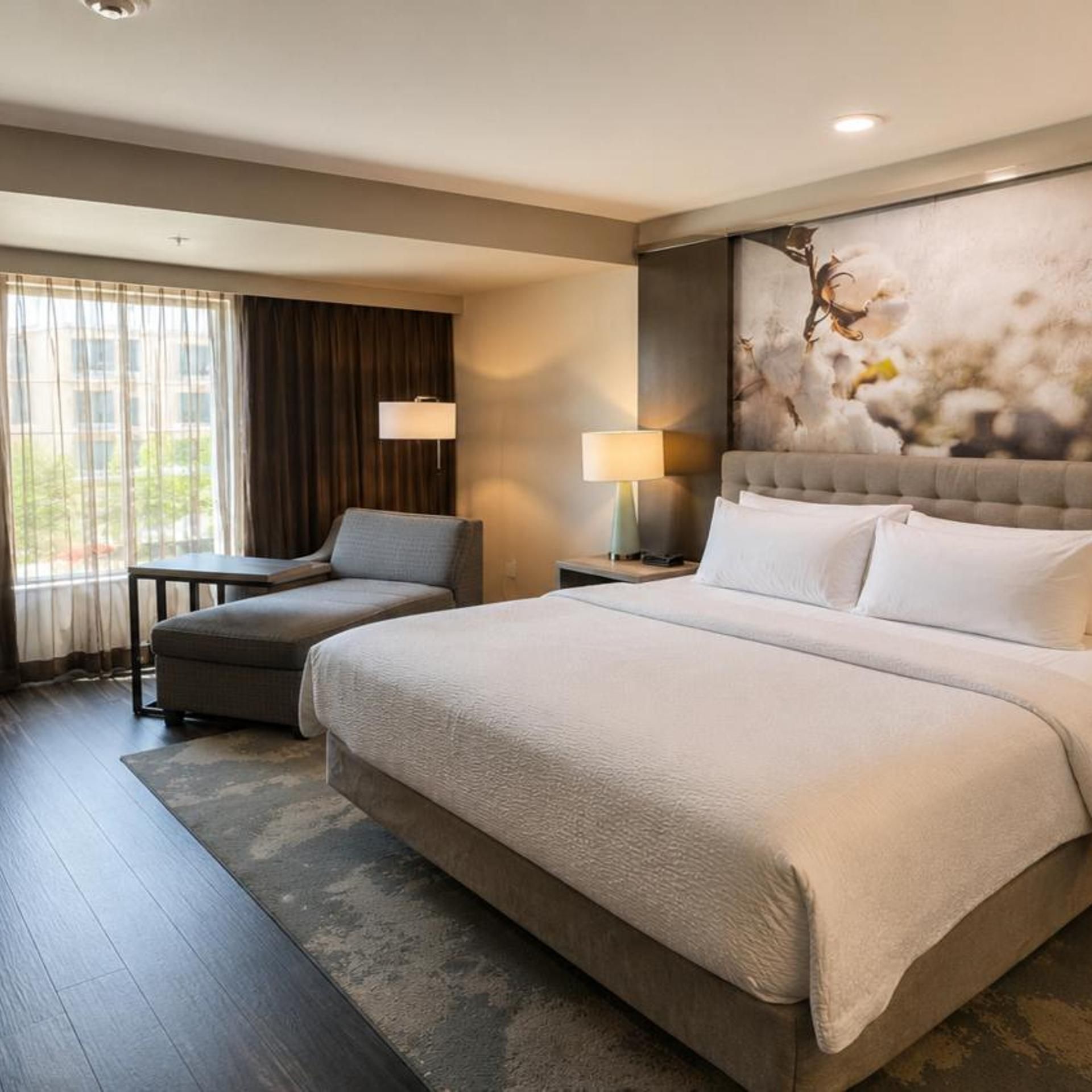 Ein Hotelzimmer mit einem großen Bett, einer Couch, einem kleinen Tisch und einer Lampe.