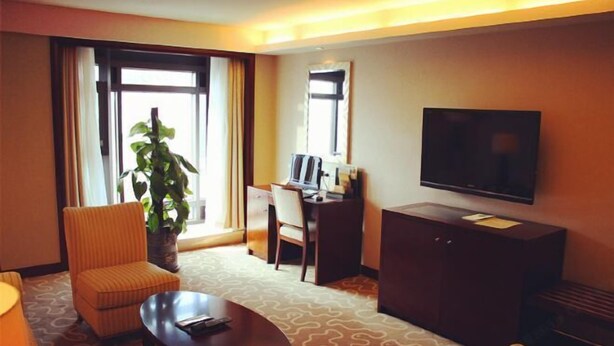 A hotel room with a sofa, armchair, desk, television, and a potted plant. - Jinling Netda Hotel (Nantong)
