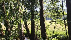 A wicker lounge chair in a lush outdoor setting with trees and a stream. - Kainsbacher Mühle (Happurg)