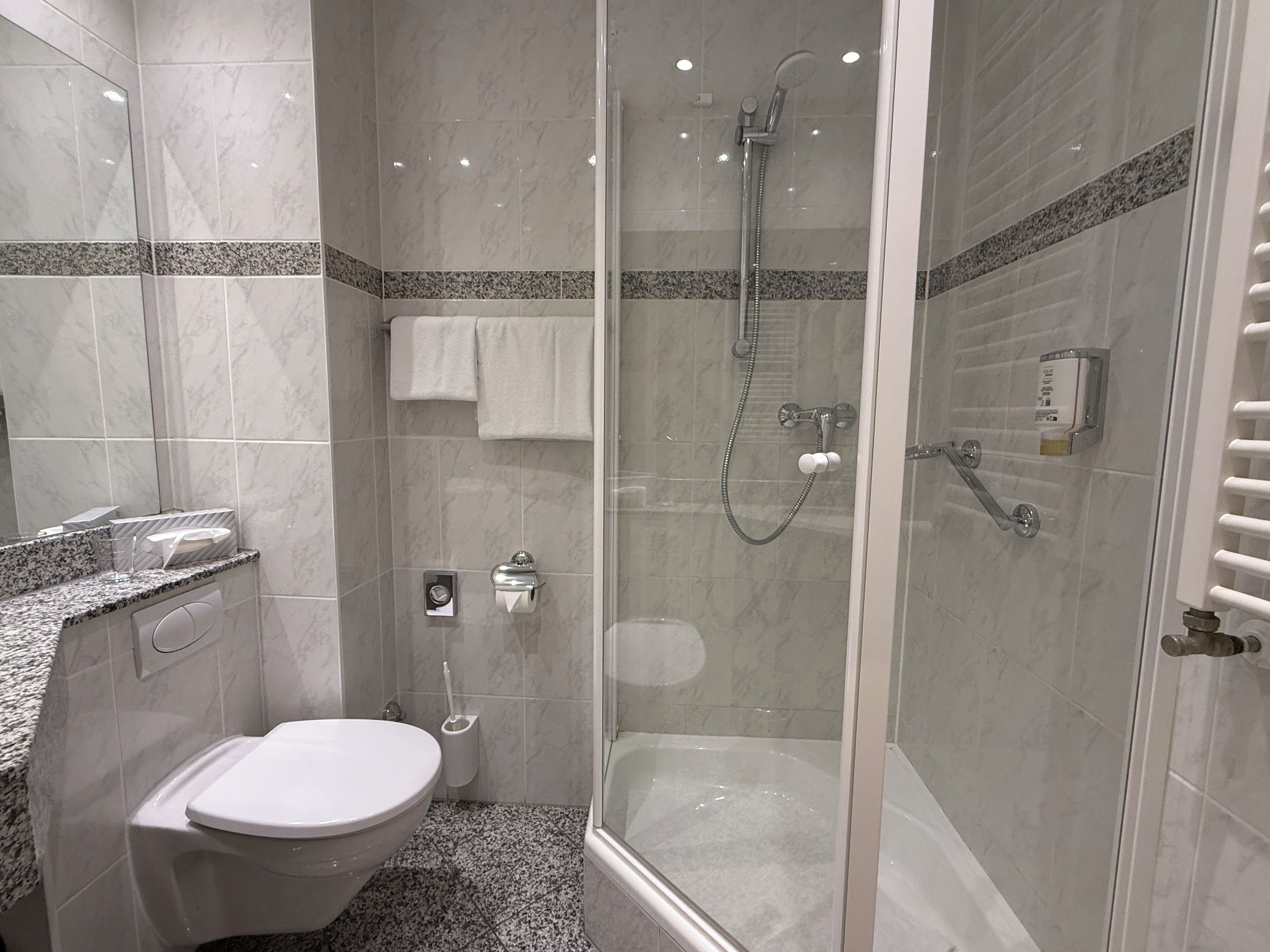 A modern bathroom with a toilet, a shower, and a glass-enclosed bathtub.