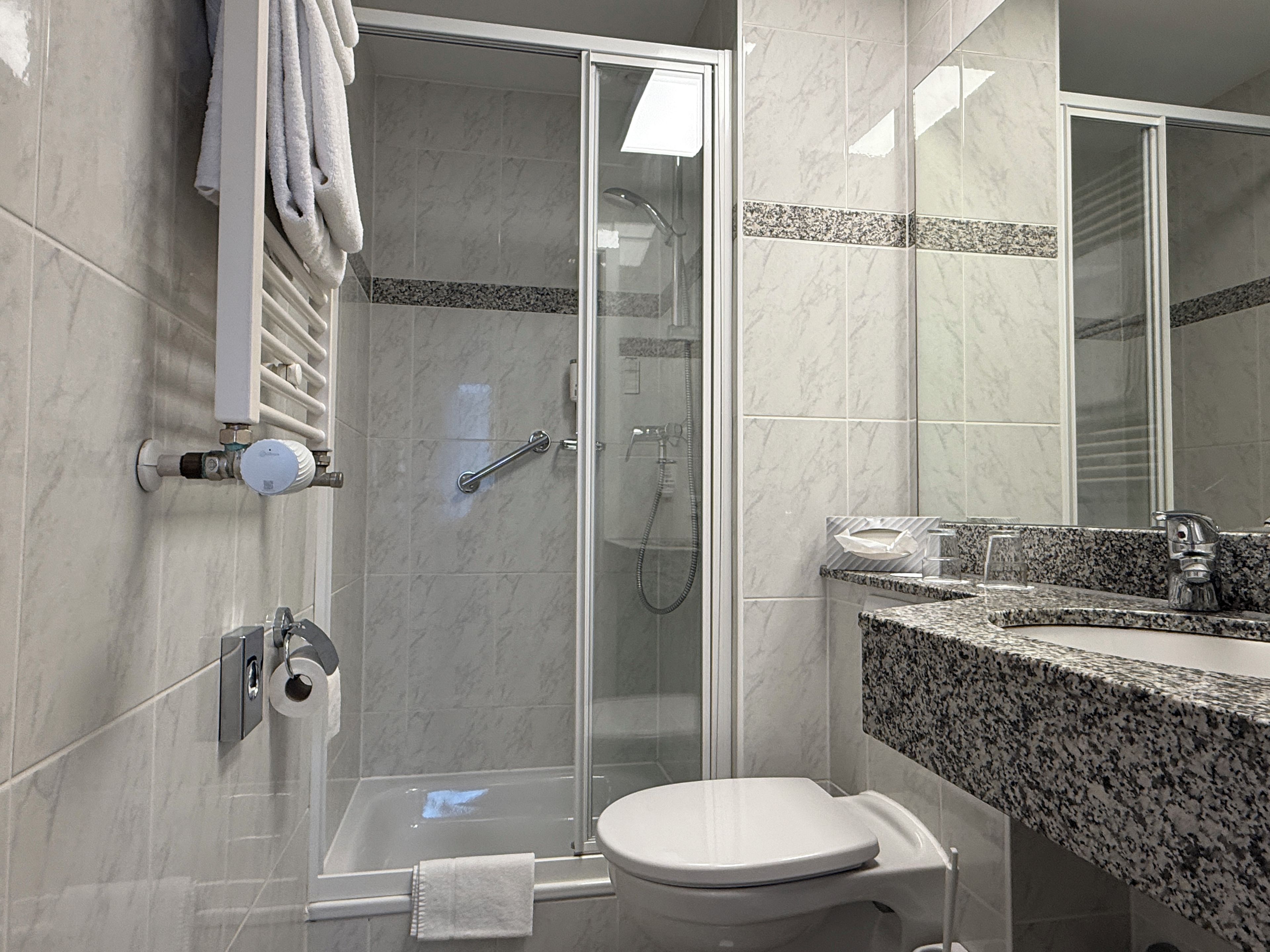 A modern bathroom with a glass-enclosed shower, a toilet, a sink with a granite countertop, and a mirror.