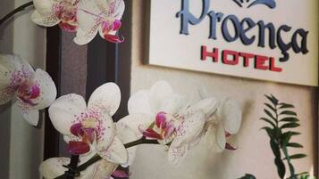 Letrero de Proenza Hotel con orquídeas blancas al frente.