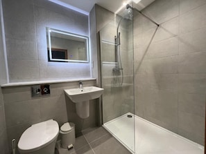 Chuveiro, produtos de toalete grátis, secador de cabelo