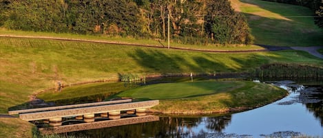 A golf course with a pond, a bridge, and a forested hill.