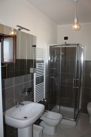 Shower, free toiletries, bidet, towels