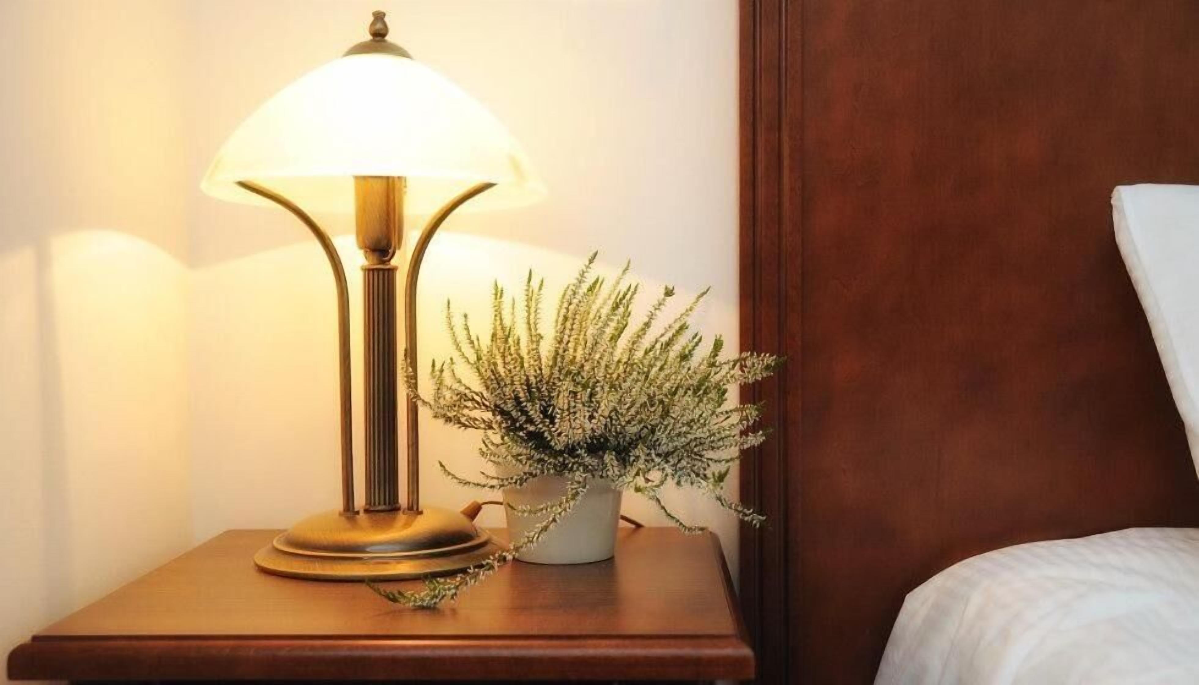 A bedside table with a lamp and a potted plant.