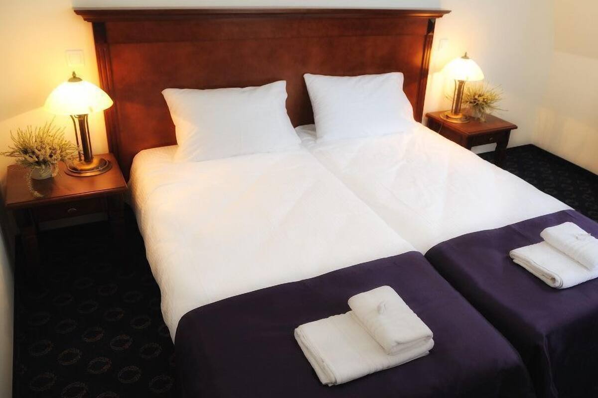 A double bed with two pillows, two bedside tables with lamps, and two folded towels on the bed.