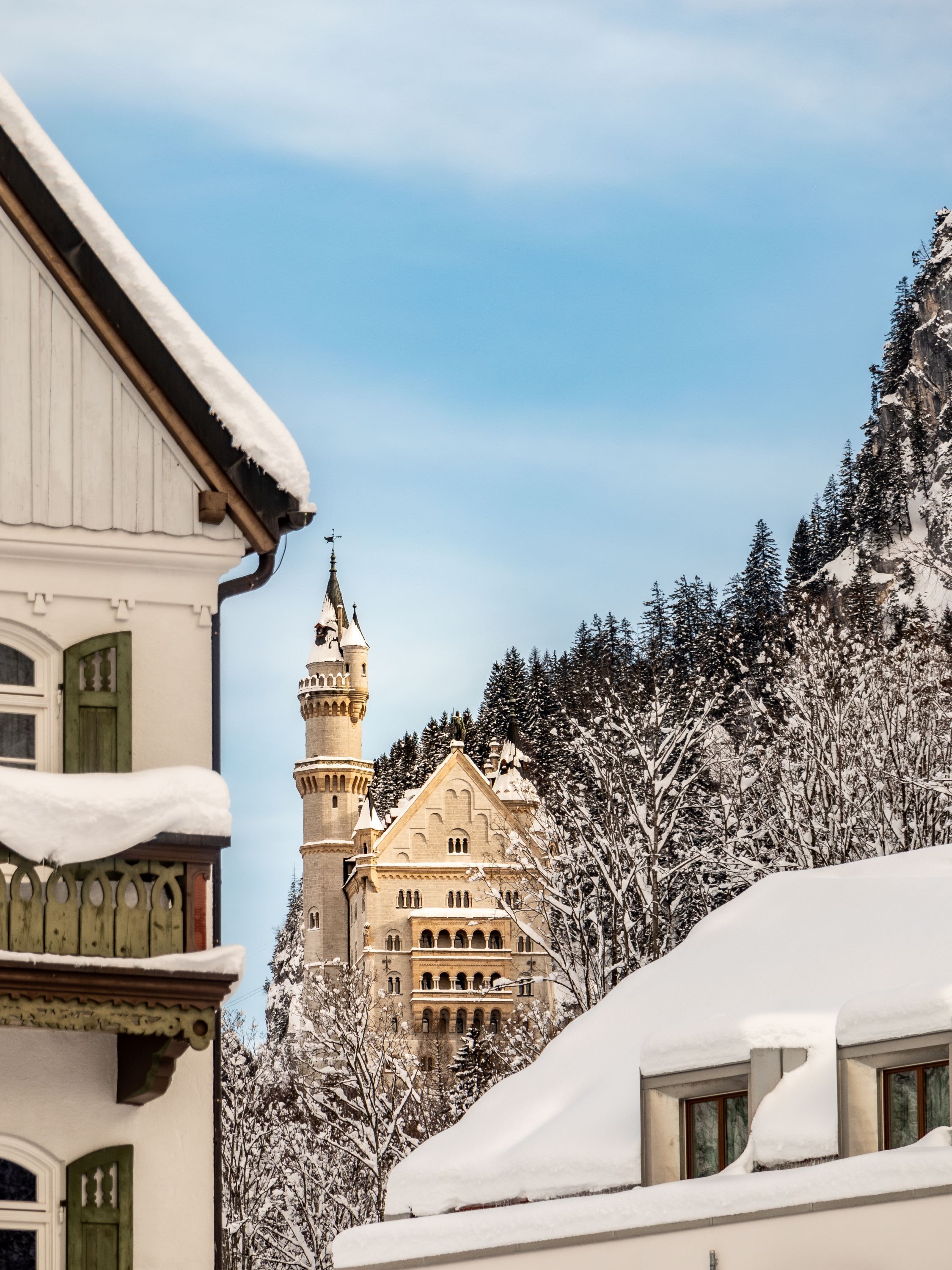 Um edifício histórico com uma torre imponente e janelas em arco, cercado por árvores cobertas de neve.