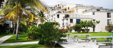 A modern building with multiple balconies, surrounded by well-maintained lawns and palm trees.