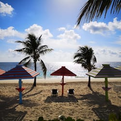 On the beach, white sand, free beach cabanas, sun loungers