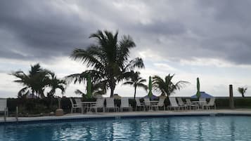 Outdoor pool, pool umbrellas, pool loungers