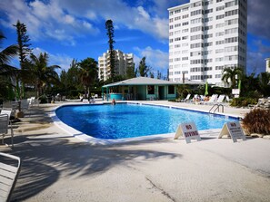 A swimming pool with no diving signs, surrounded by lounge chairs and palm trees, with a building in the background. - Coral Beach Hotel and Condominiums (Freeport)