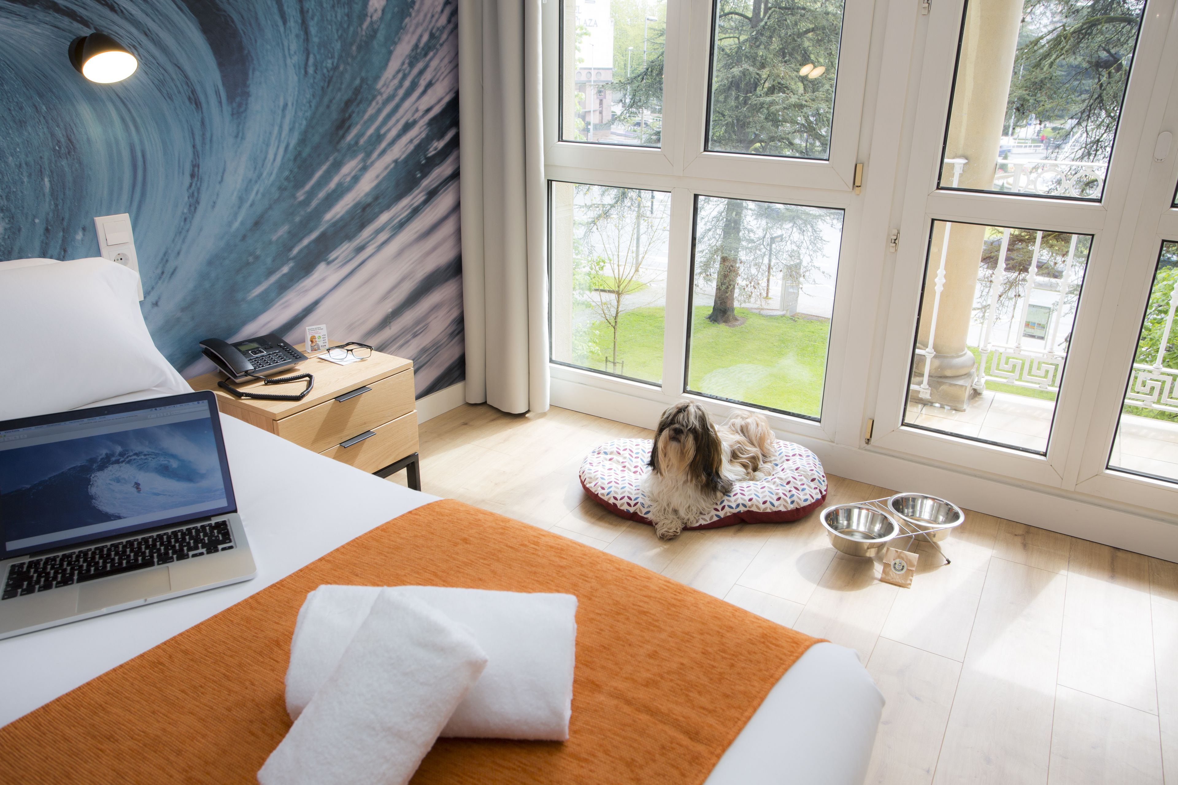 Una camera d'albergo con un letto, un portatile, una scrivania con un telefono, una cuccia per animali domestici e ciotole.