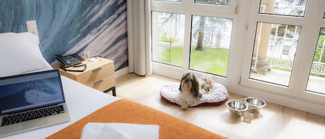 A hotel room with a bed, a laptop, a desk with a phone, a pet bed, and bowls.