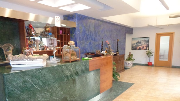 A reception area with a marble counter, a blue accent wall, a framed picture, and a potted plant. - Hotel Millennium (Orte)