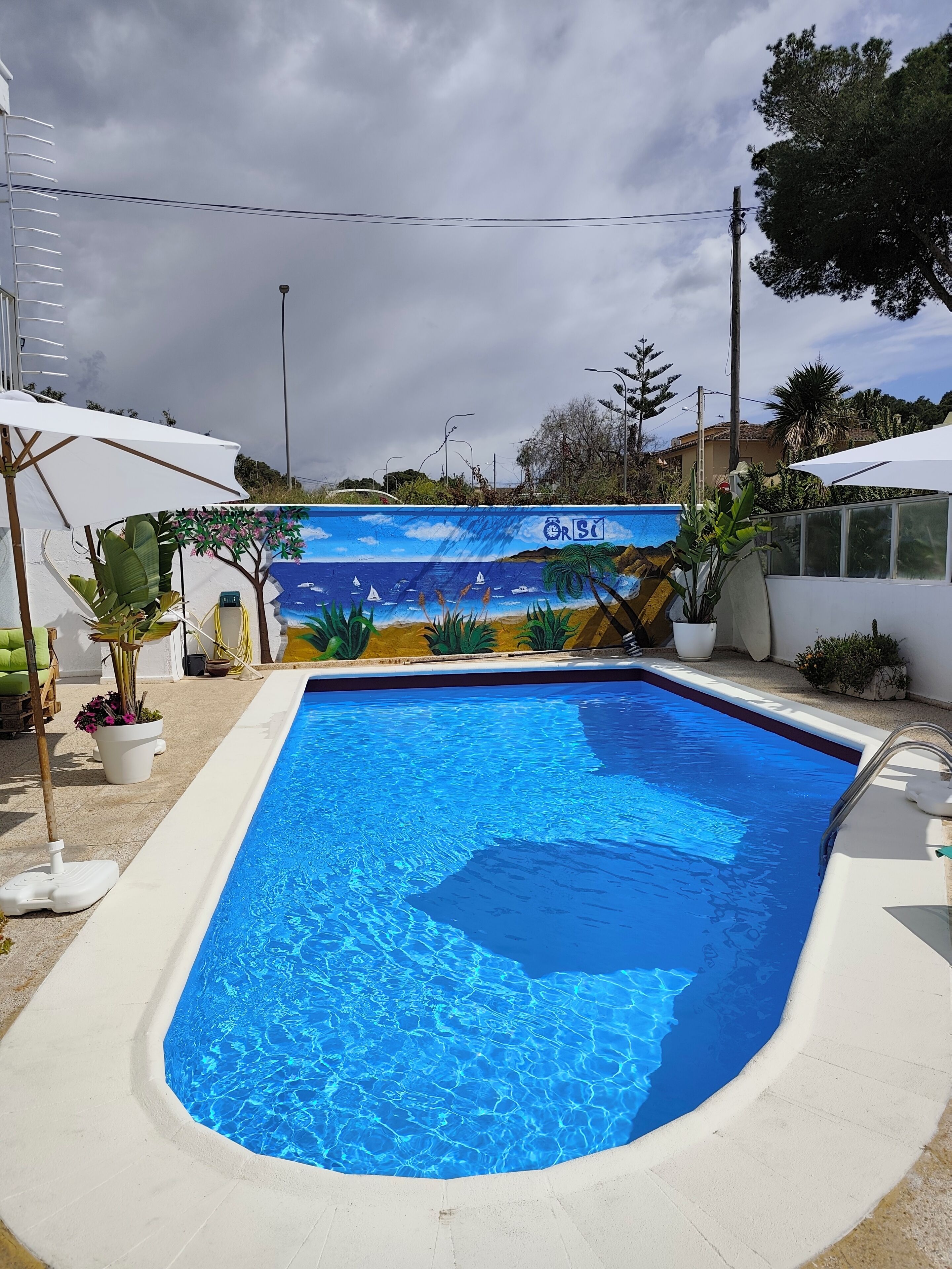 Una piscina con un mural en la pared, rodeada de macetas con plantas y sombrillas.