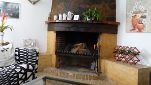 Una sala de estar acogedora con chimenea de piedra, una mesa de centro y un sofá estampado.