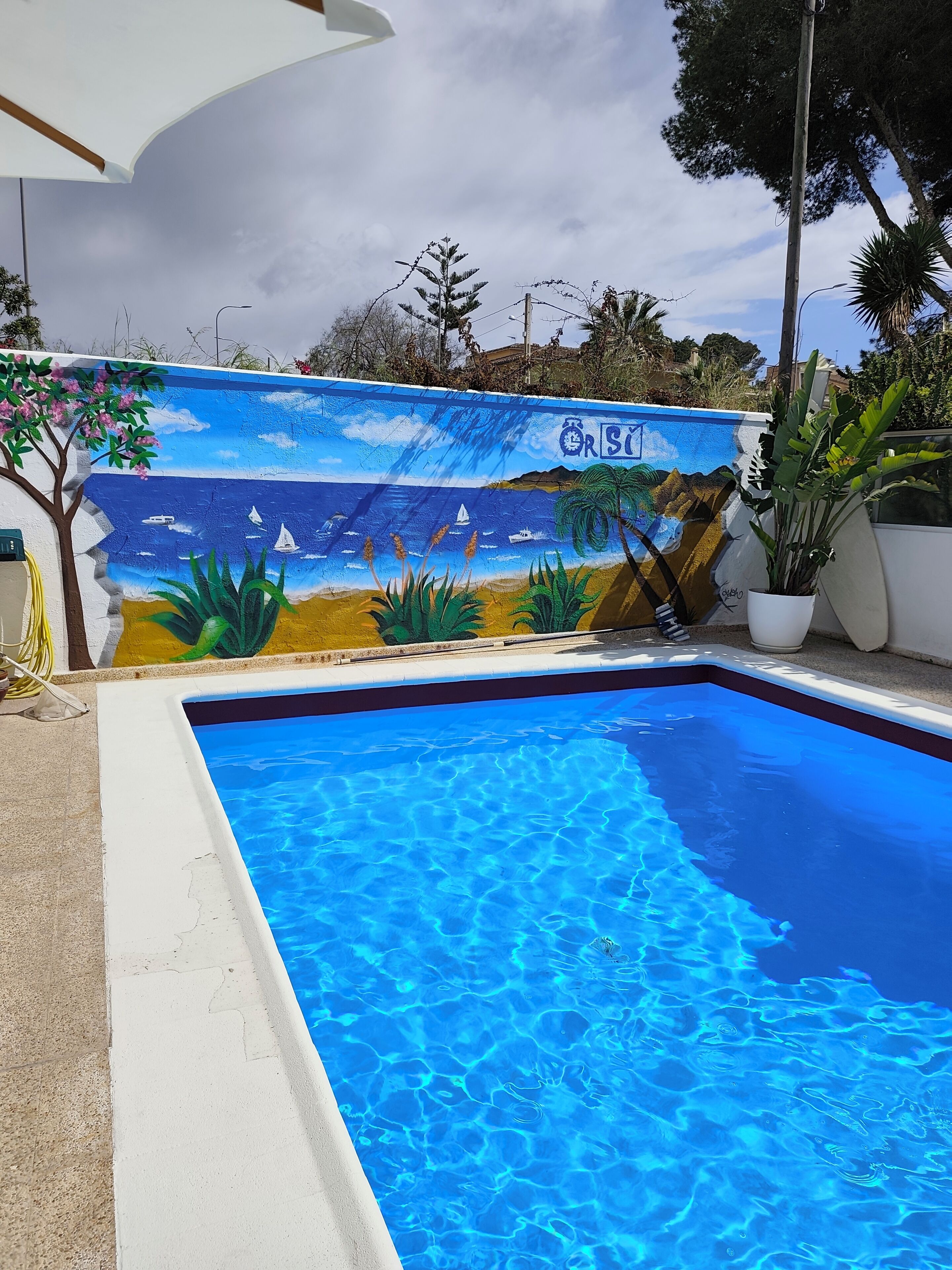 Una piscina con un mural en la pared de al lado, una estructura blanca y plantas en macetas.