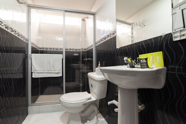 Une salle de bain avec des toilettes, un lavabo et une douche.