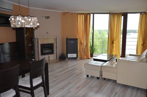 A living room with a fireplace, a dining area, and a sofa.