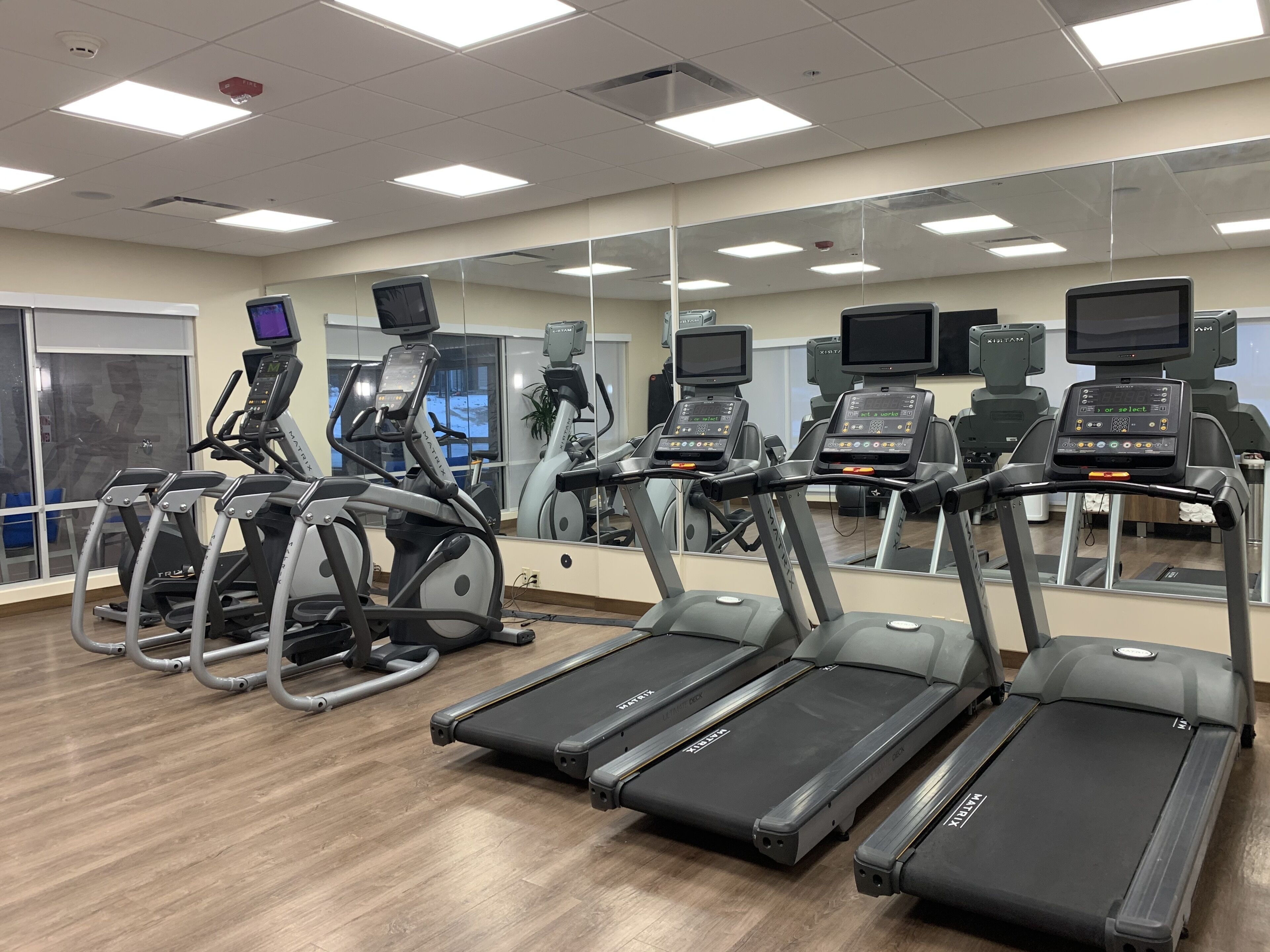 Een fitnessruimte met loopbanden, elliptische trainers en hometrainers, voorzien van digitale schermen en een grote spiegelwand.