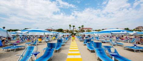 A beach with rows of blue sun loungers and white umbrellas, a clear sky, and a yellow and white striped path.