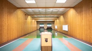 A bowling alley with wooden walls and a green floor. - Hotel und Restaurant Moosmühle (Dietenhofen)