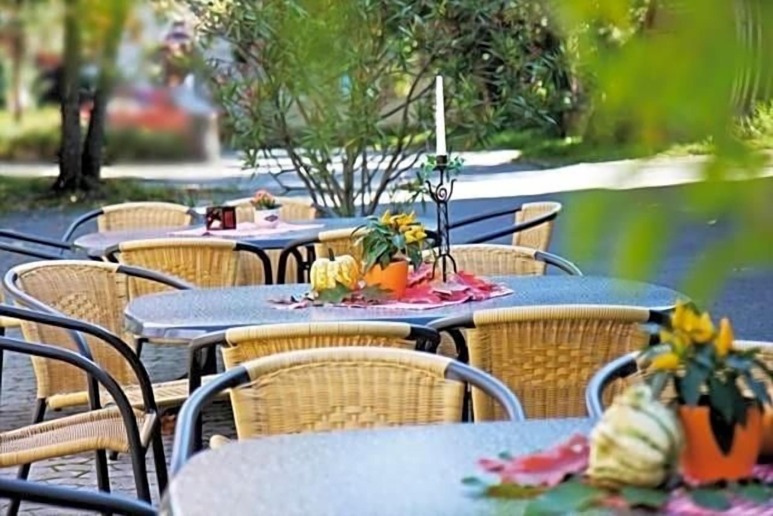 Mesas al aire libre con sillas de mimbre, algunas con flores y velas, ubicadas en un jardín.