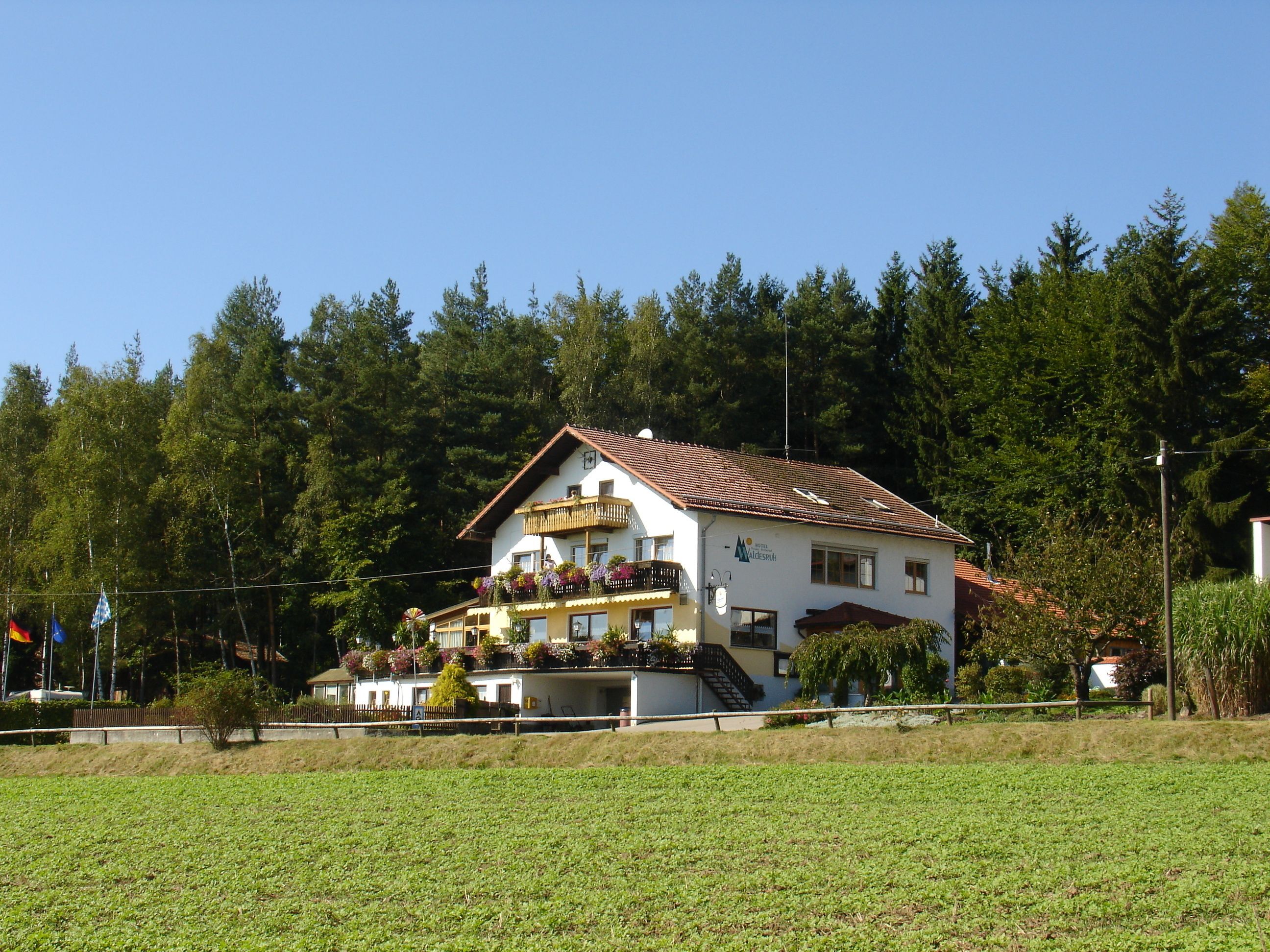 A two-story hotel with a balcony, surrounded by a forest.