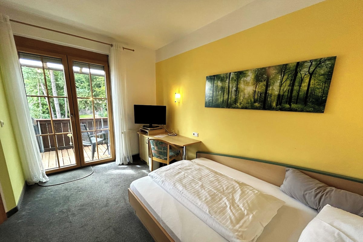A hotel room with a bed, a desk with a television, a painting of a forest, and a sliding glass door leading to an outdoor area.